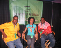 l-r Music engineer Jay-El, Stefanie and actor/producer Simeon Anderson